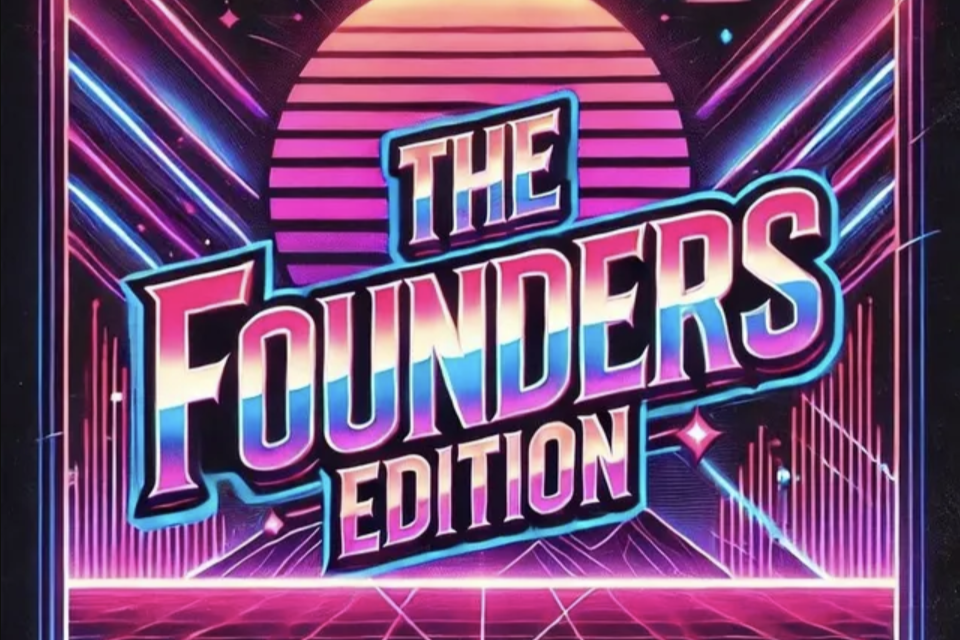 A colorful, neon-style graphic with the text 'The Founders Edition' on a futuristic background with geometric shapes and vibrant lighting.