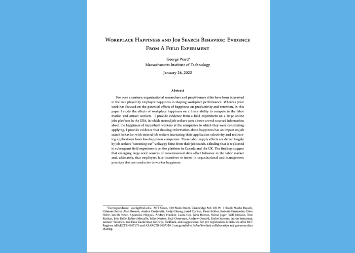 Cover page of a research paper titled 'Workplace Happiness and Job Search Behavior: Evidence from a Field Experiment' by George Ward from MIT, dated January 26, 2022.