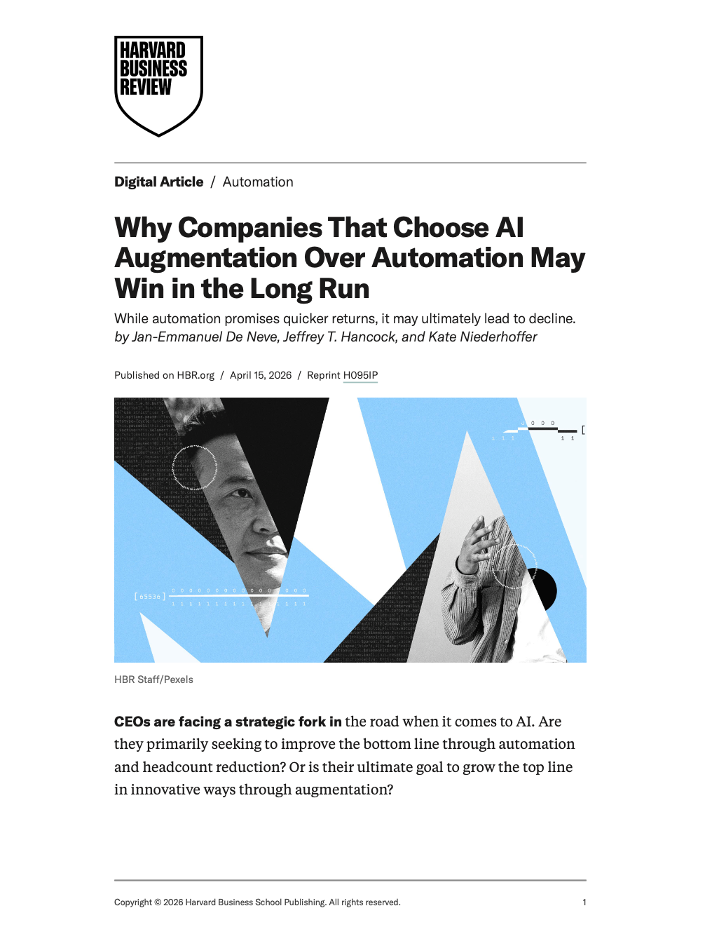 Cover page of Harvard Business Review article titled 'Why Companies That Choose AI Augmentation Over Automation May Win in the Long Run.' The page features a geometric collage of black, white, and blue shapes, including images of a person's face and hand, with digital and binary elements layered within the shapes.