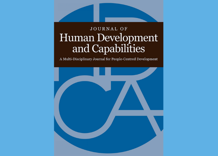 Cover of the Journal of Human Development and Capabilities with a blue background and large abstract design, title on a brown rectangle, subtitle 'A Multi-Disciplinary Journal for People-Centred Development'.