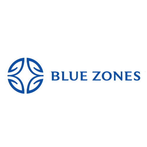 Logo of Blue Zones with a circular blue emblem and the words 'Blue Zones' in blue text.