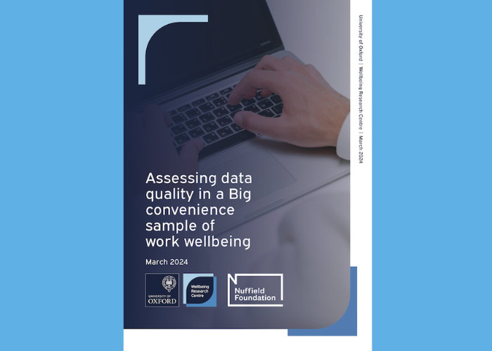 Cover page of a report titled 'Assessing data quality in a Big convenience sample of work wellbeing' with logos of the University of Oxford, Wellbeing Research Centre, and Nuffield Foundation. The page features a background image of a person typing on a laptop.