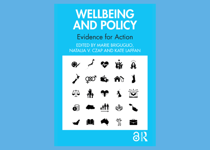 Cover of a book titled "Wellbeing and Policy: Evidence for Action" edited by Marie Briguglio, Natalia V. Czap, and Kate Laffan, with various black and white icons representing health, environment, justice, and community.
