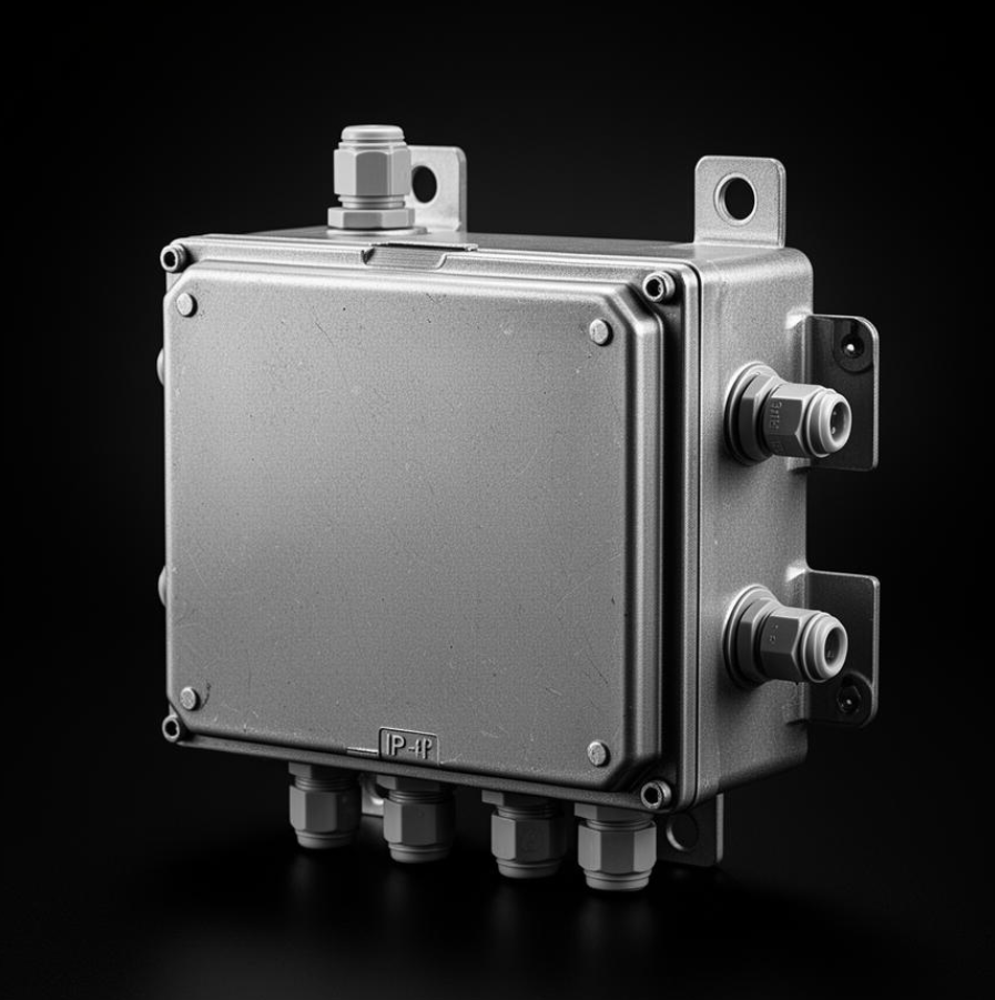 A silver industrial electrical junction box with multiple cable connectors on a black background.