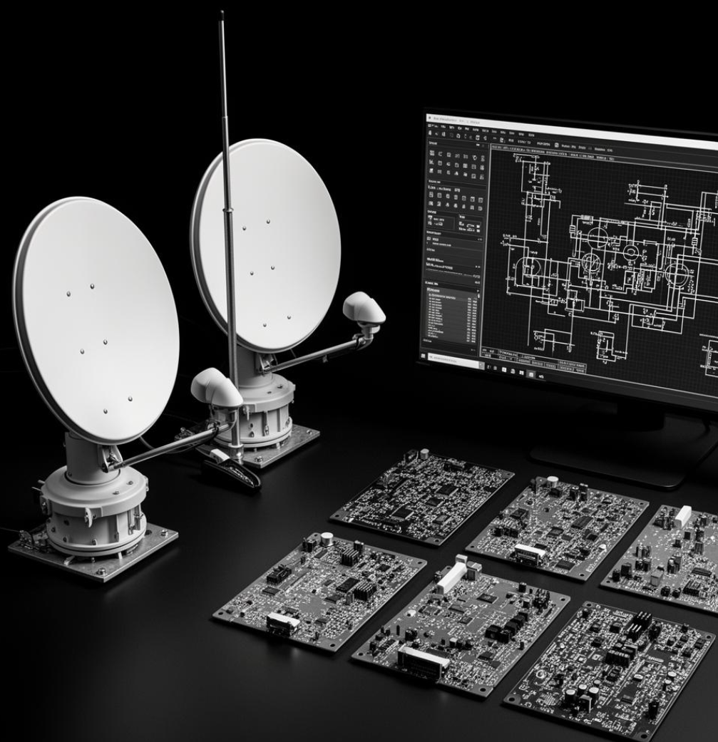 Two satellite dishes connected to electronic control boards and a computer monitor displaying a technical blueprint of a circuit or system.