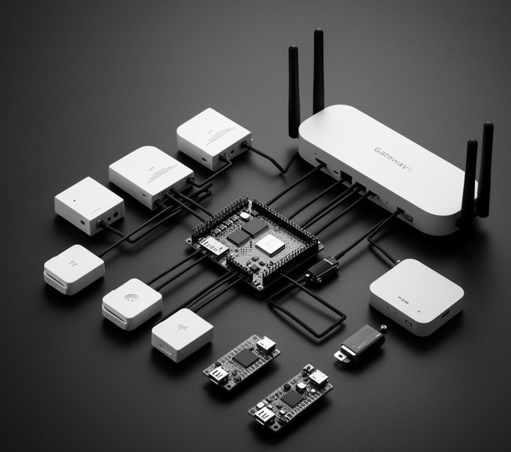 Various electronic devices and modules connected to a central board on a black surface, including a Wi-Fi router, microcontrollers, power supply, and other network components.