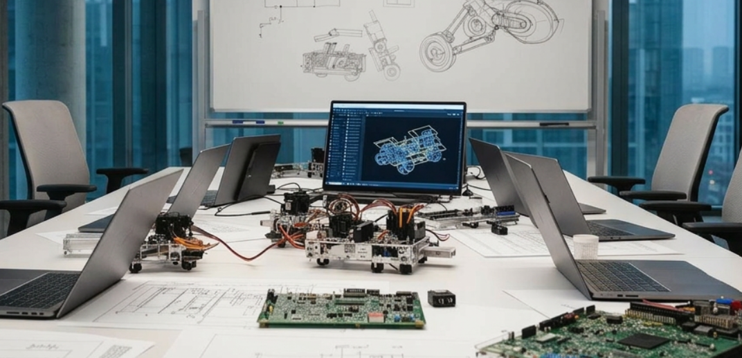 A conference table with multiple laptops, robotic components, and a computer screen displaying a 3D schematic of a robotic vehicle in a modern office conference room.