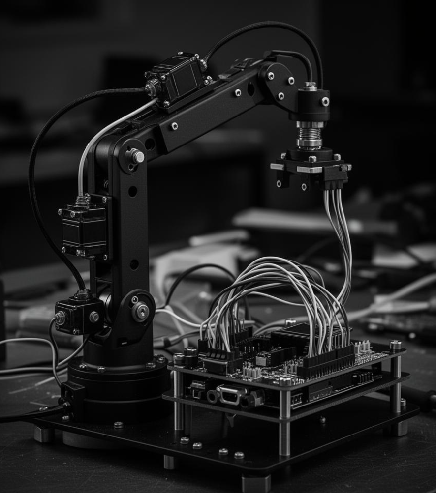 Black robotic arm with wires connected to a circuit board.