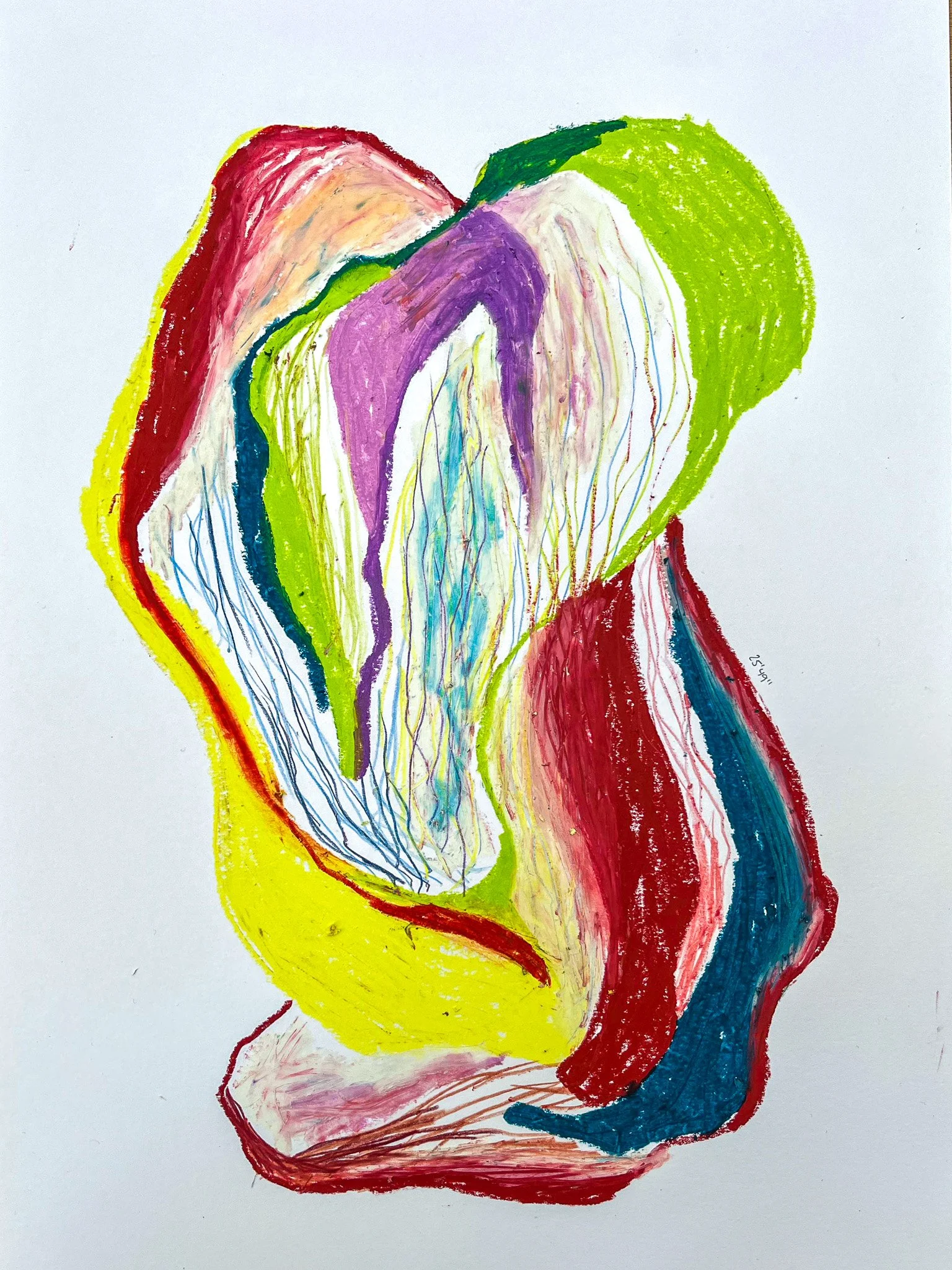 25'47''. Oil pastel and pencil on paper, 40x30, 2025.