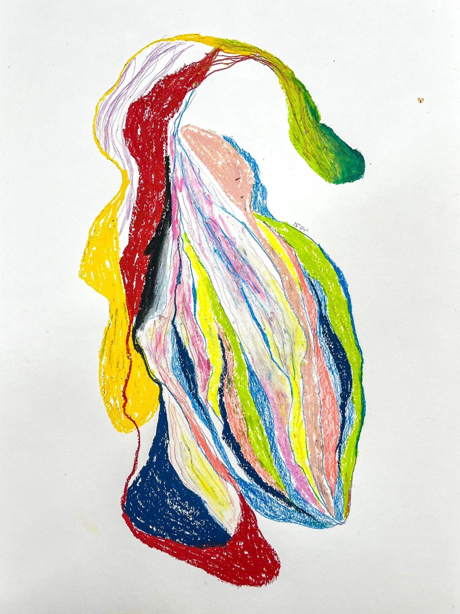 15'04''. Oil pastel and pencil on paper, 40x30, 2025.