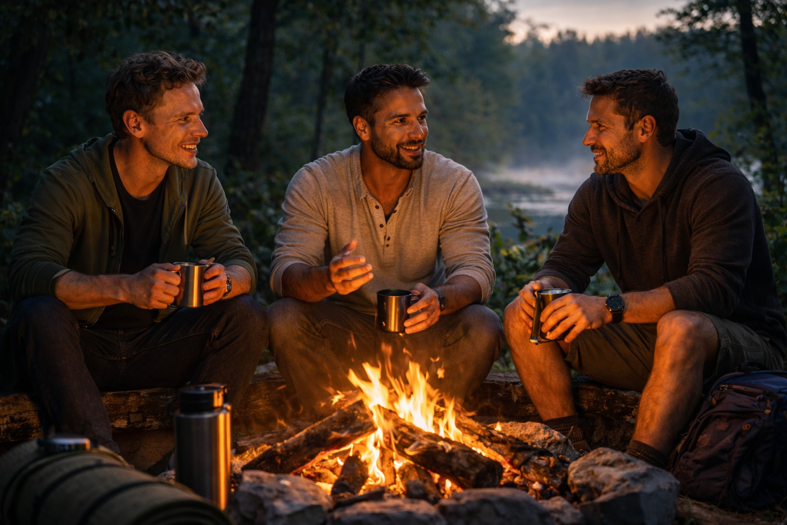 Mannen in gesprek rond een kampvuur tijdens een ManYgen sessie in de natuur.