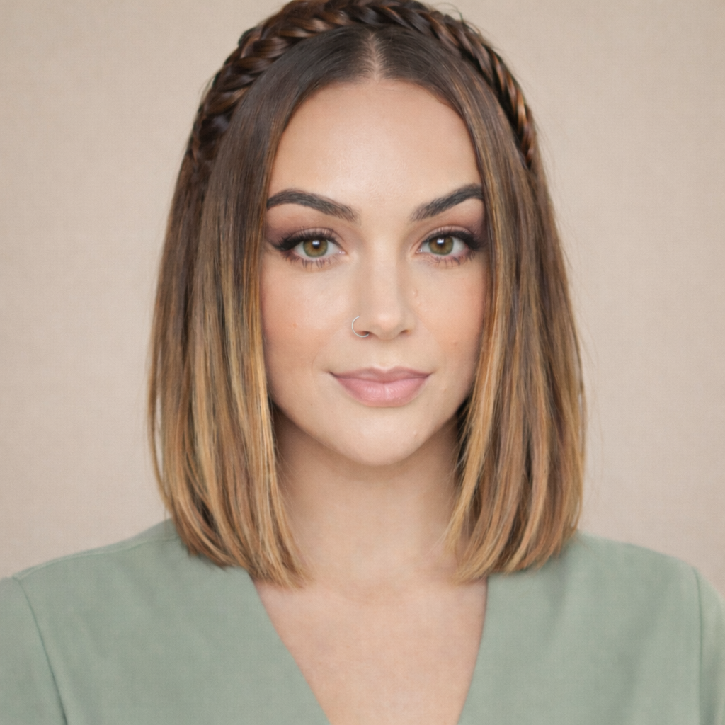 A young woman with shoulder-length light brown hair, styled with a braid crown, wearing a light green top, and looking directly at the camera with a neutral expression.