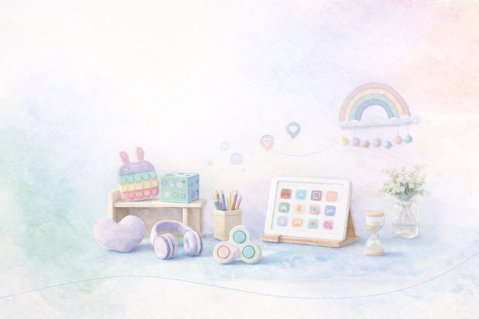 Pastel-colored children's bedroom decorations including a plush rainbow backpack, a decorated dice, a purple heart pillow, purple headphones, a fidget spinner, a tablet with app icons, a vase with flowers, an hourglass, colorful books, and a rainbow hanging decoration.
