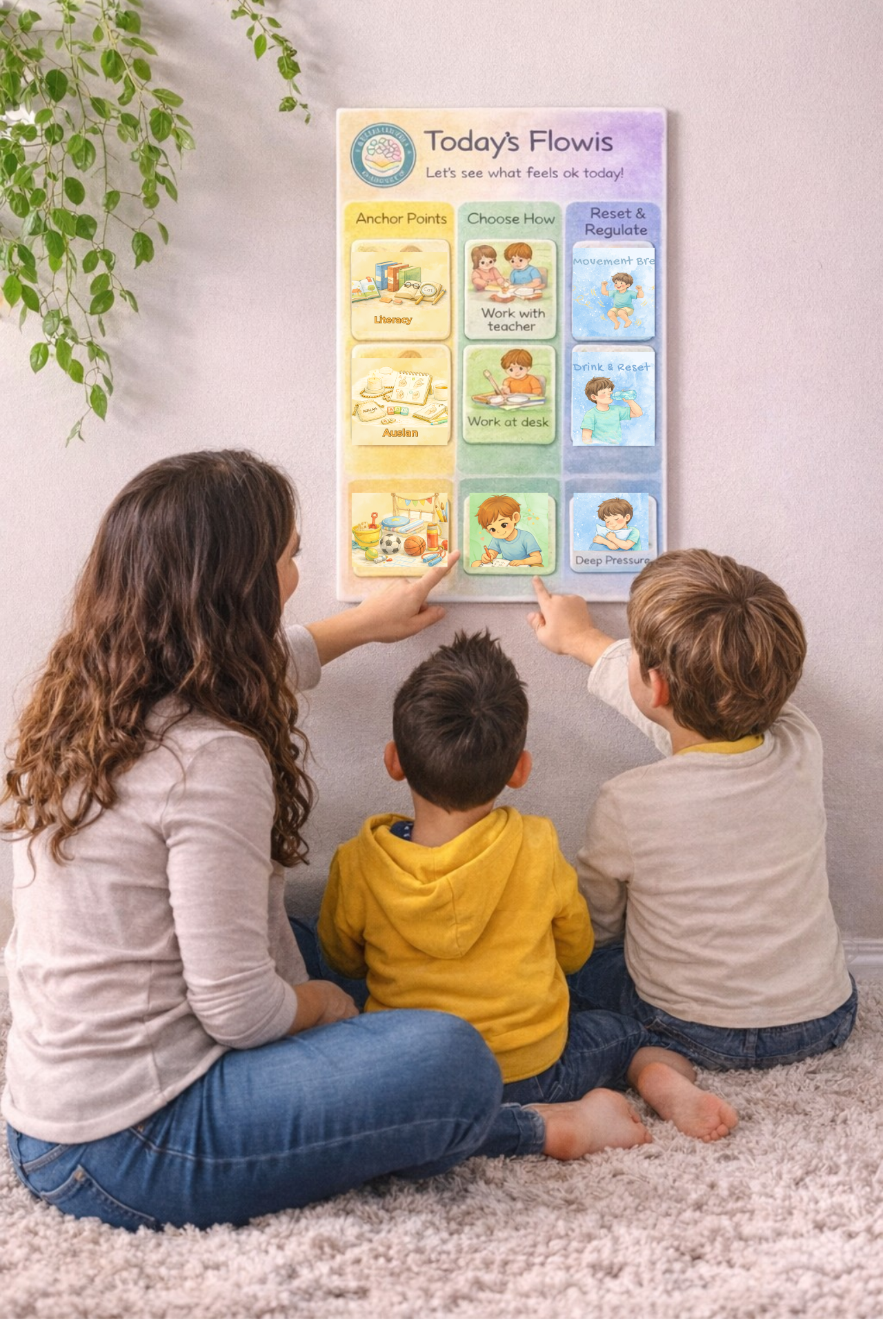 A woman and two children sitting on a carpeted floor, looking at and pointing to a colorful chart on a wall titled 'Today's Flows'.