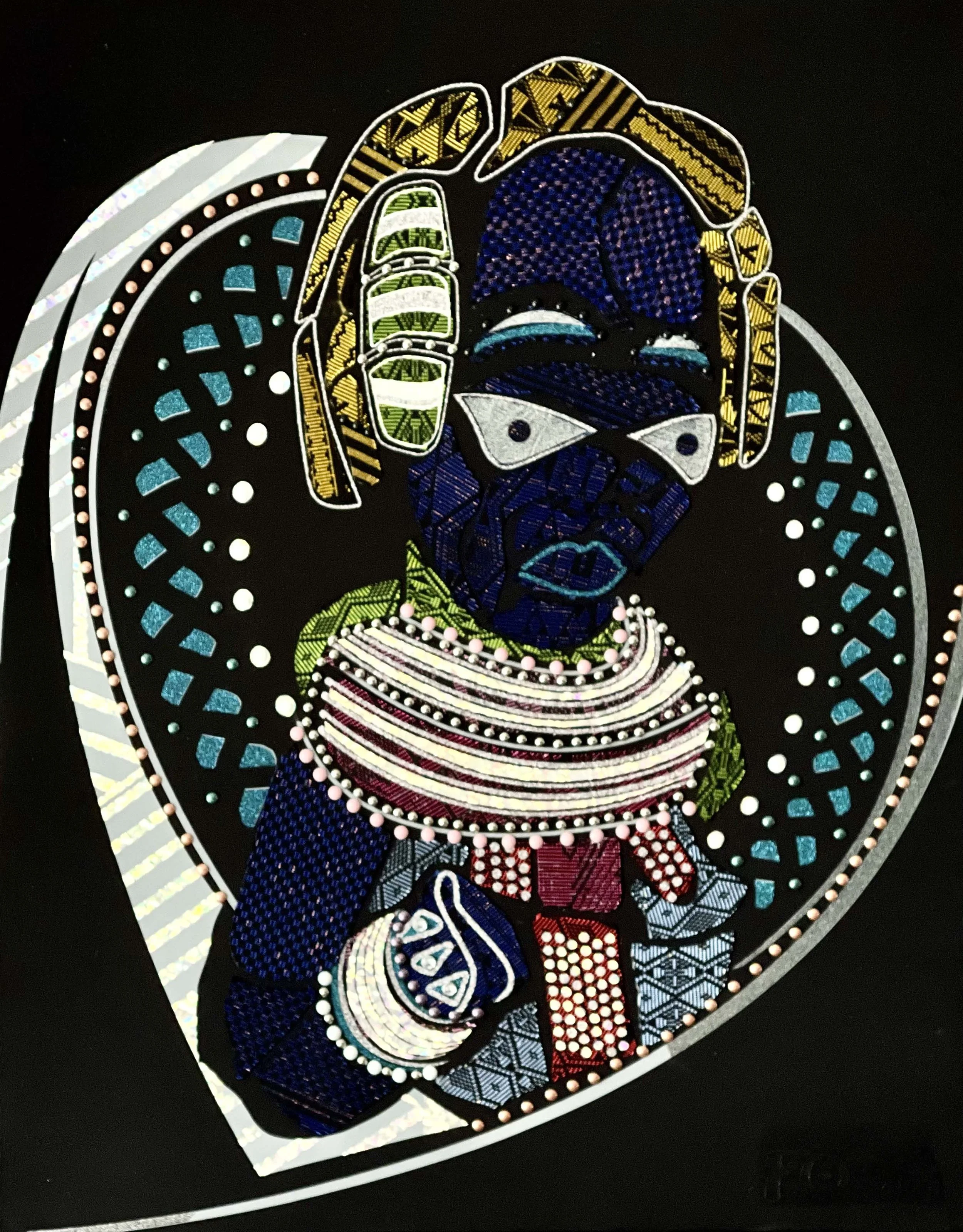 Une oeuvre d'art originale intitulé Linguinok, Afa Faty Art for Artefacts - Œuvre originale sans peinture, mélange d'étoffes tissées d'Afrique de l'Ouest, films polyuréthane et clous tapissiers. Art contemporain africain Afreeca Pop.