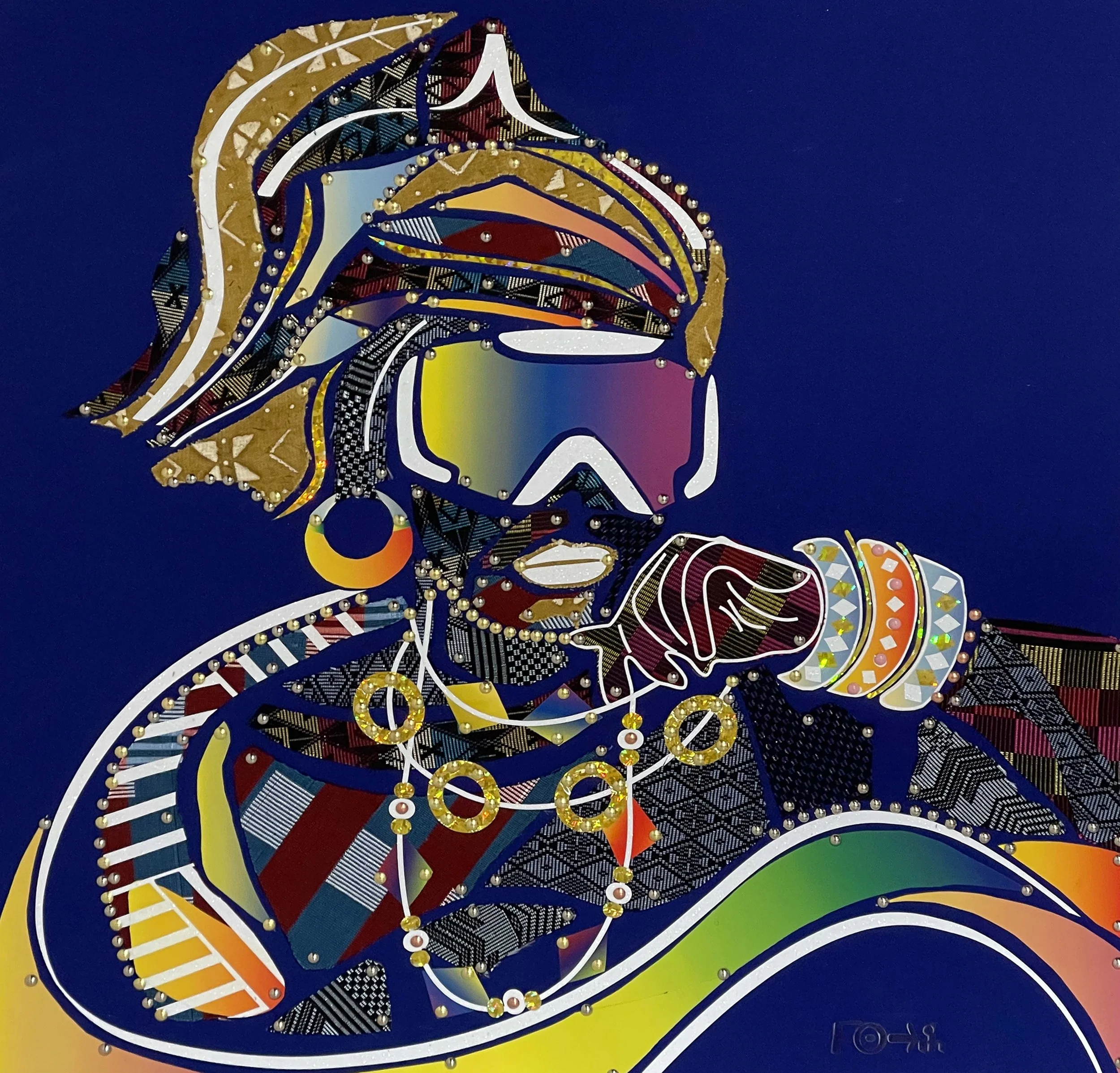Une oeuvre d'art originale intitulé Aby Mama, Afa Faty Art for Artefacts - Œuvre originale sans peinture, mélange d'étoffes tissées d'Afrique de l'Ouest, films polyuréthane et clous tapissiers. Art contemporain africain Afreeca Pop.