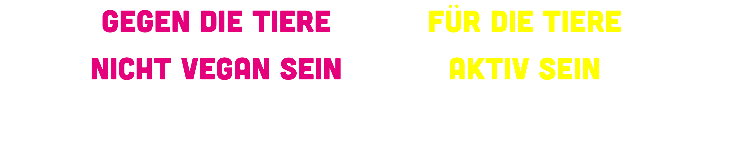 Ein Diagramm mit zwei Richtungen: Gegen die Tiere, Nicht Vegan sein auf der linken Seite in Pink, Für die Tiere, Aktiv sein auf der rechten Seite in Gelb, mit einem weißen Pfeil, der nach links zeigt, und einem weißen Pfeil, der nach rechts zeigt, kombiniert in der Mitte mit dem Text Vegan sein in Weiß.