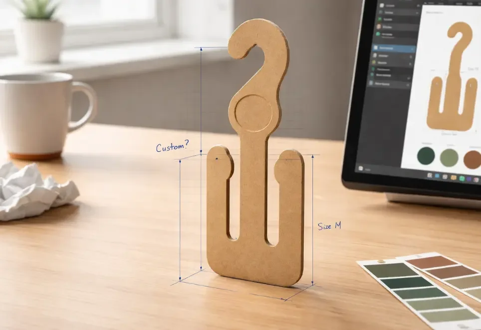Cardboard footwear hanger upright on a desk with handwritten design notes. There is a computer screen in the background with the hanger deisgn and colour pallet options. Crumpled paper and coffee cup on desk in background.