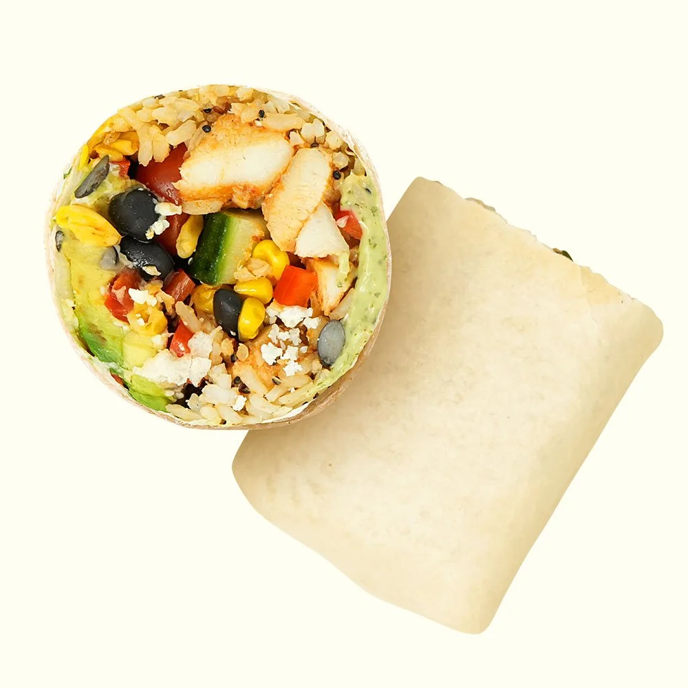 South West Chicken - Chipotle chicken, jasmine rice, black beans, cotija cheese, cucumber, bell peppers, corn, tomato,
avocado salsa, in a flour wrap. Contains Gluten