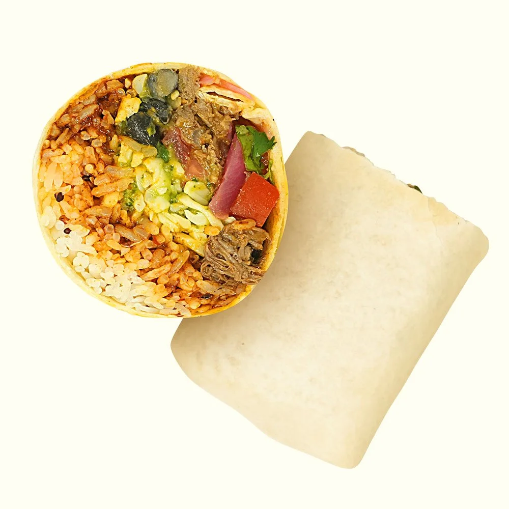 Spicy Beef Barbacoa - Slow cooked grass fed beef, jasmine rice, black beans, pickled onion, cheese blend, spicy adobo salsa and avocado salsa. Contains Gluten