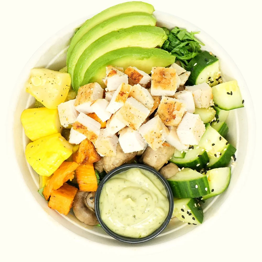 Chicken Buddha - Roasted chicken, quinoa, roasted mushroom, zucchini, squash, sweet potato, arugula, cucumber, avocado, sesame seeds, green goddess dressing.