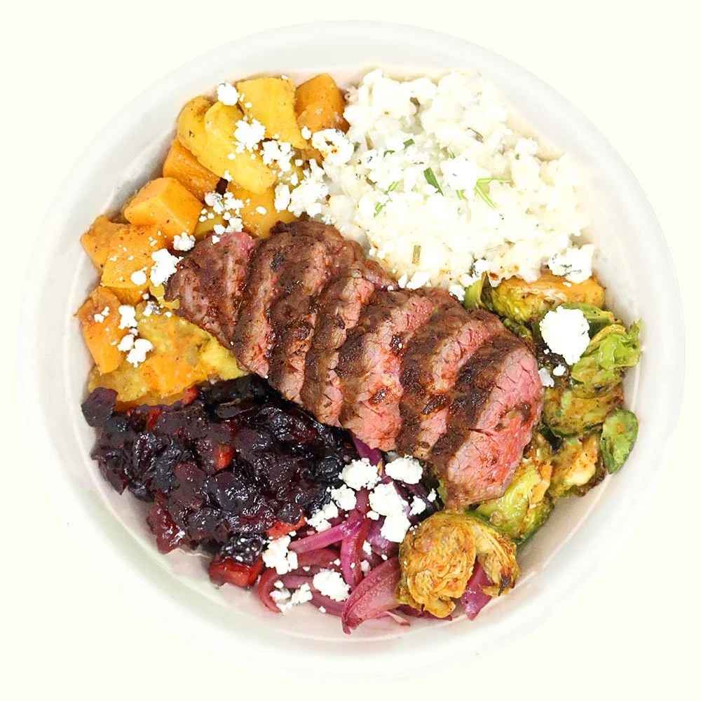 Harvest Steak - Grass-fed steak, roasted brussel sprouts, butternut squash, roasted onion,  rosemary goat cheese, cranberry apple chutney over rosemary risotto.