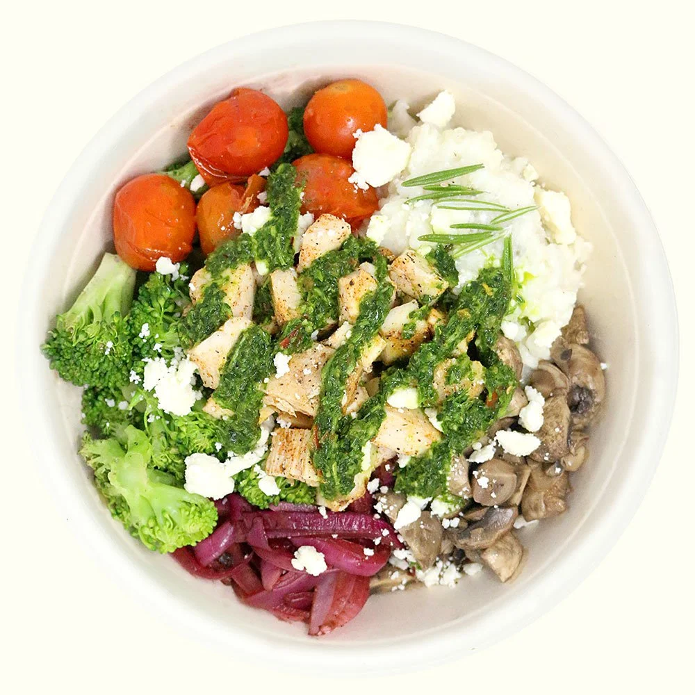 Chicken Chimichurri - Blackened chicken, blistered tomato, roasted mushrooms, broccoli and onion, feta cheese over rosemary risotto with a chimichurri drizzle. 