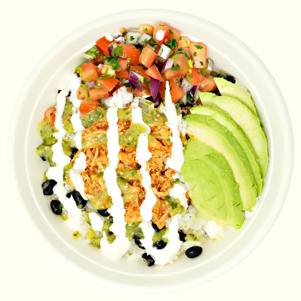 Chicken Barbacoa - Chicken barbacoa, black beans, avocado, pico de gallo, over jasmine rice with a Baja ranch and salsa verde drizzle.