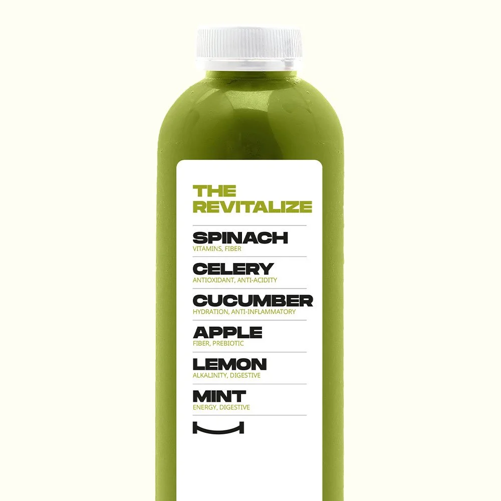 THE REVITALIZE  - Spinach, Celery, Cucumber, Apple, Lemon, Mint.

Gluten Free 