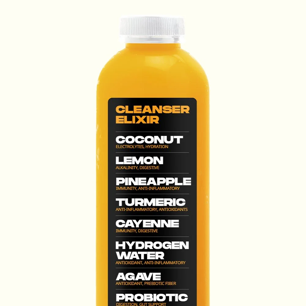 CLEANSER ELIXIR - Coconut, Lemon, Pineapple, Turmeric, Cayenne, Hydrogen water, Agave, Probiotic