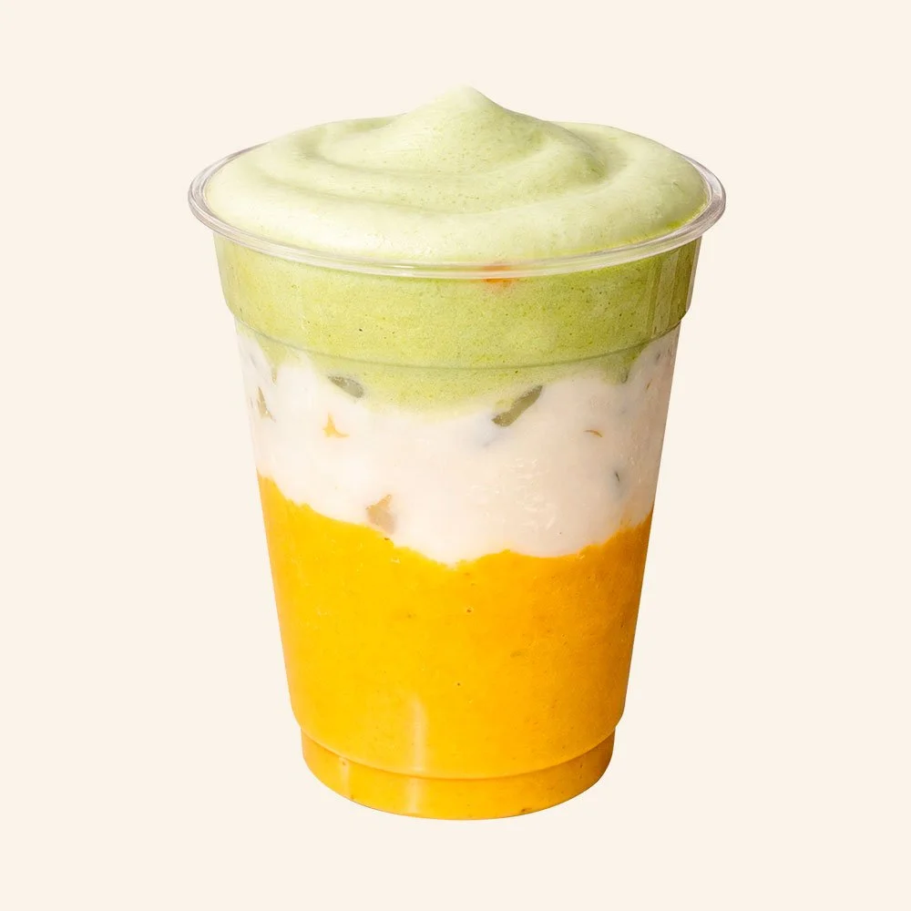 MANGO PEACH - Mango, peach, turmeric, ginger, organic grass milk, coconut matcha cold foam.