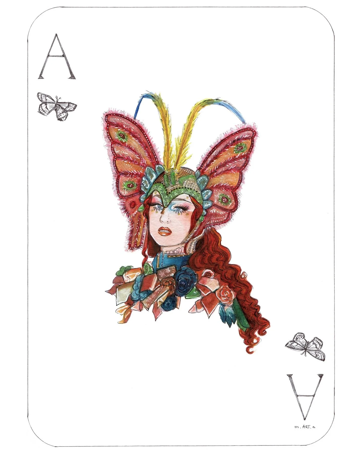 Something a bit different this time! Usually a standard ace playing card has a single suit symbol in the middle, so I tried out another concept for this one&hellip; Should I draw the girl sized moth again as another card or? Thoughts &amp; suggestion