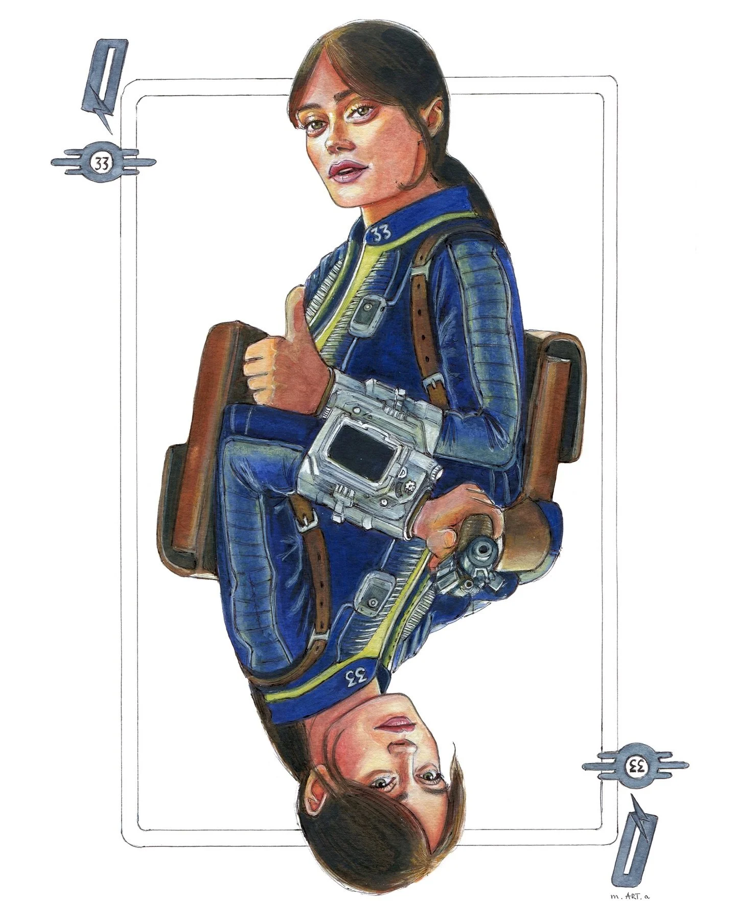 I&rsquo;ve just realized I should have drawn the thumbs-up Lucy with the Vault backpack&hellip; Now I&rsquo;ll never be able to unsee that. 
🃏 Which Fallout character should I create a playing card for next? 🃏
#fallout #falloutonprime #ellapurnell 