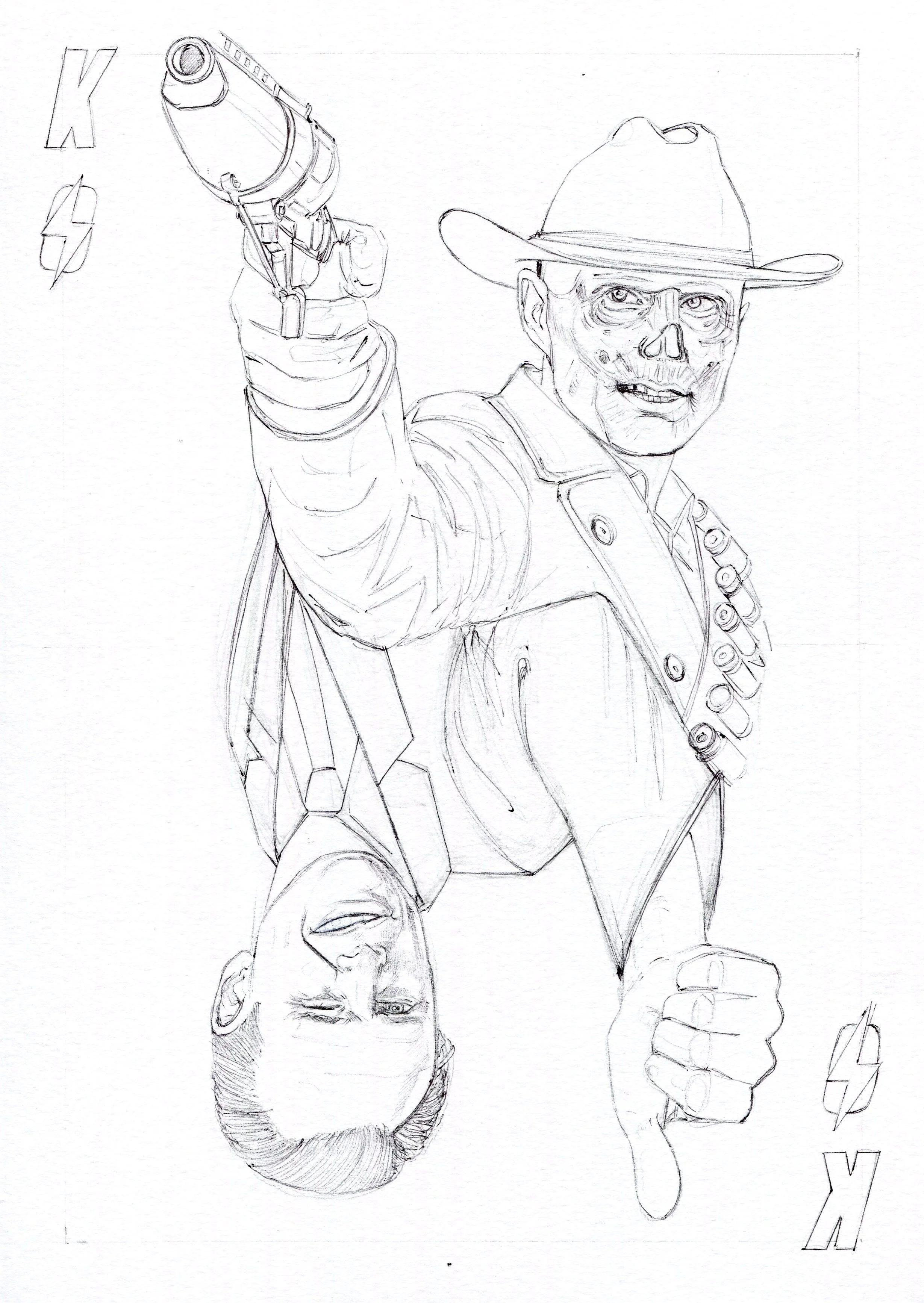 sketch of a king playing card fanart of Walton Goggins as Cooper Howard/the Ghoul in the Amazon Prime show Fallout. On the top side is the ghoul with a hat, pointing his gun at the top left side, and on the bottom side is Cooper Howard.