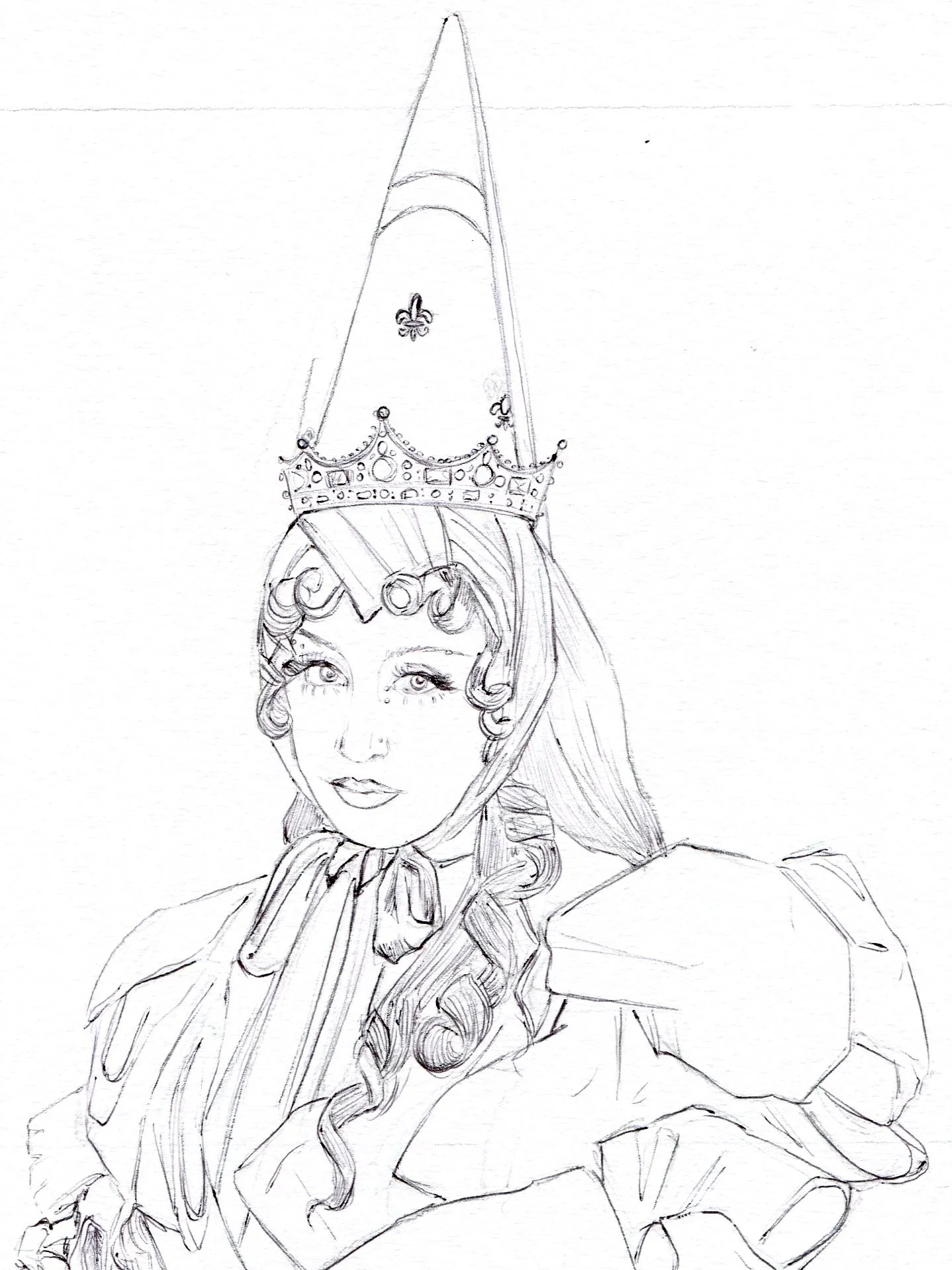 sketch of chappell roan in pink pony princess outfit, dressed in the pink dress and hat in shape of a cone.