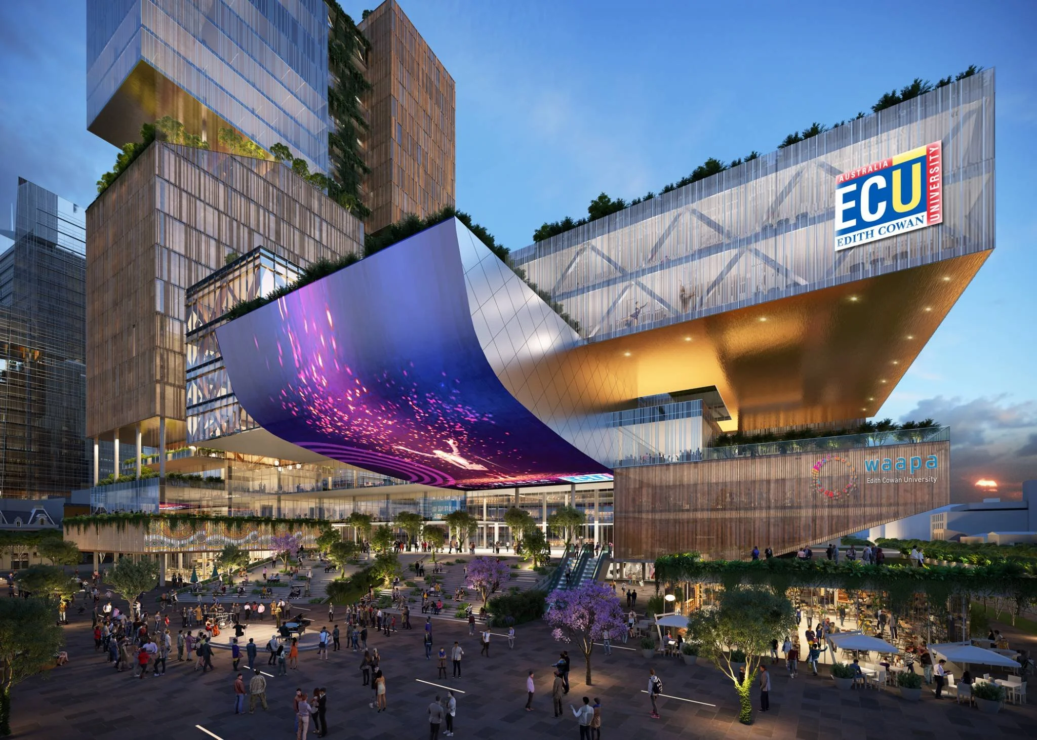 Modern multi-level building with glass and wood exteriors, featuring an illuminated digital screen on one side and the Edith Cowan University logo, situated in a bustling public plaza with trees, flowers, and people.