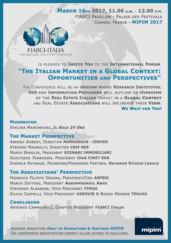 MIPIM 2017: FIABCI Italia promuove “The Italian Market in a Global Context: Opportunities and Perspectives” – 16.03, Cannes