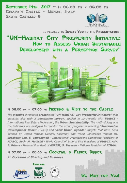 INVITATION to the Presentation "UN-Habitat City Prosperity Initiative" with Cocktail/Dinner - 14.09, Chiavari Castle (Ge)