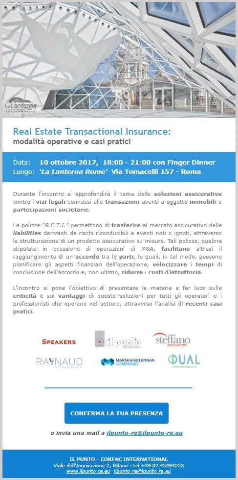 10.10, Roma - INVITO al Meeting "Real Estate Transactional Insurance: Modalità Operative e Casi Pratici" con Cocktail/Dinner