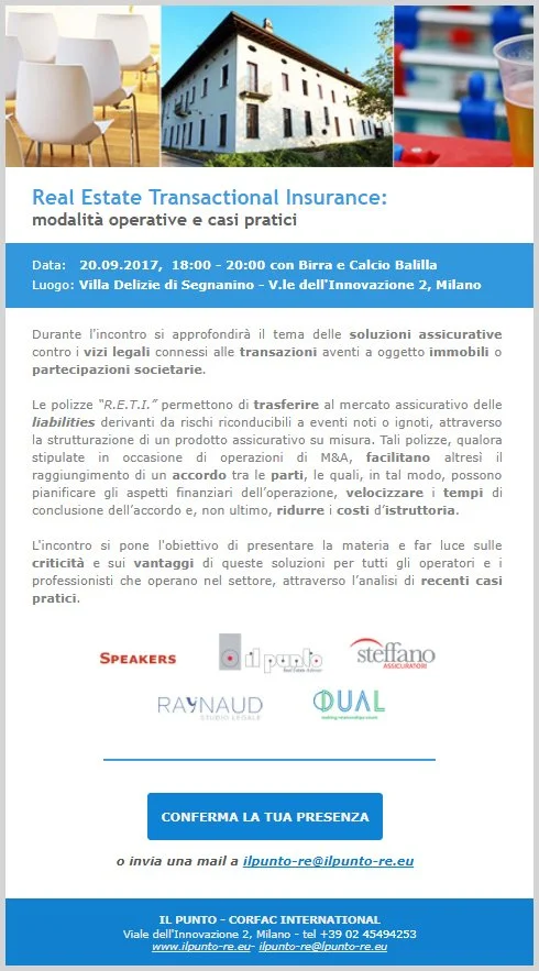 20.09, Milano - INVITO al Meeting "Real Estate Transactional Insurance: Modalità Operative e Casi Pratici" con Birra e Calcio Balilla