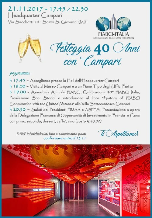 21.11, Headquarter Campari (MI) | INVITO al 40° FIABCI Italia: Museo, Villa, Cena