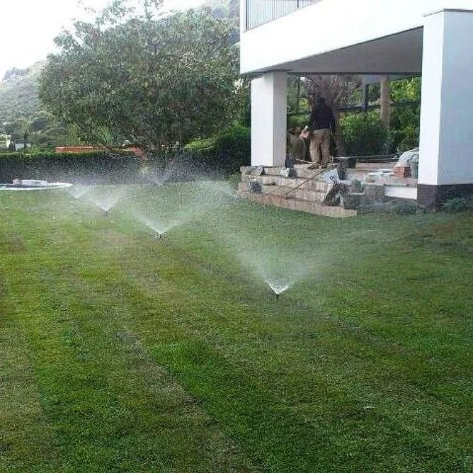 Pelouse verte bien entretenue avec des arroseurs en fonctionnement qui projettent de l'eau, devant une maison avec une terrasse et une personne en train de travailler ou de faire un bricolage.