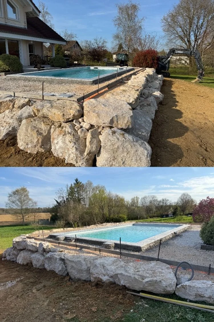 Deux photos montrent la construction d'une piscine enterrée, avec des rochers posés autour et des travaux de terrassement en cours.