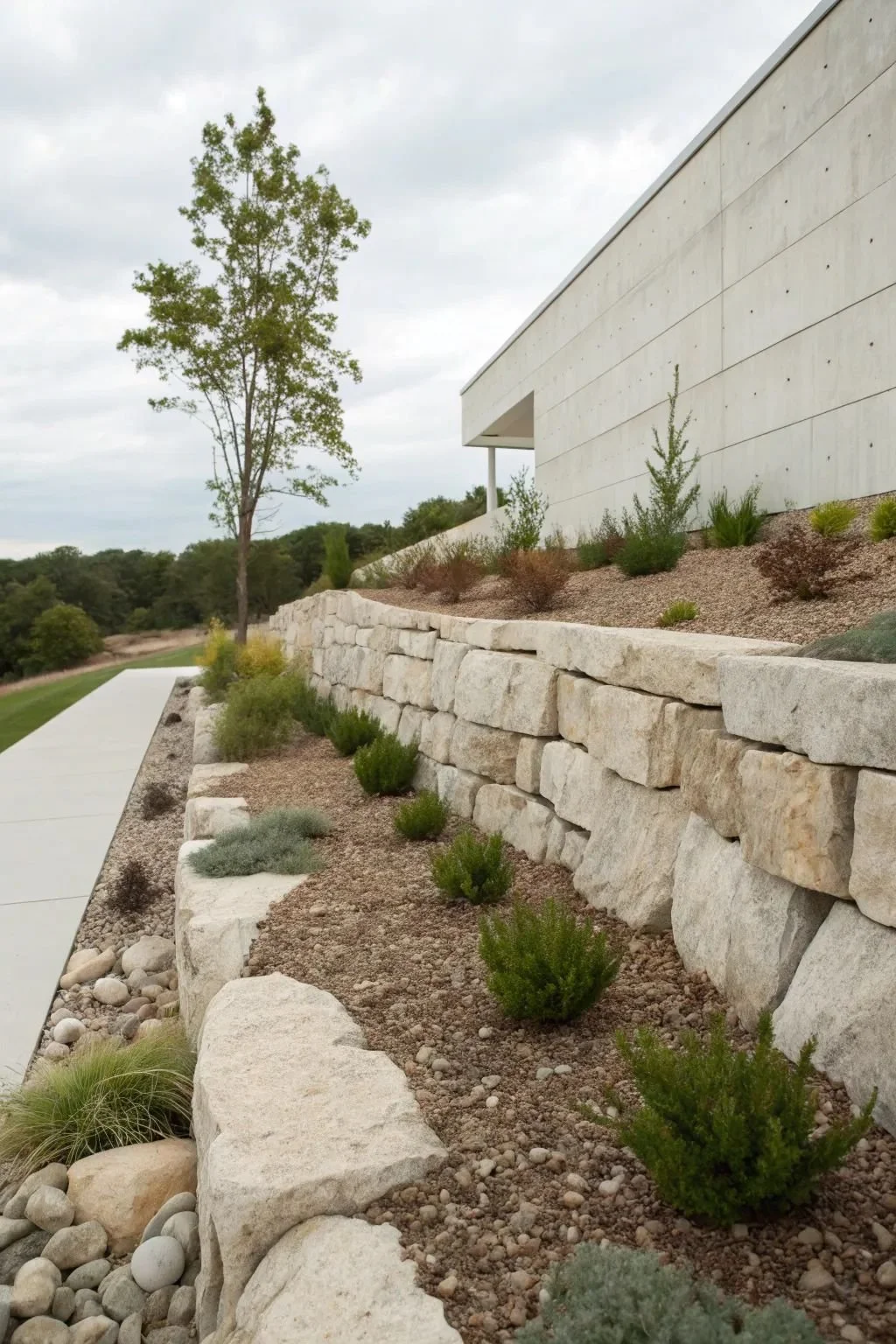 Jardin en pente avec pierre de retenue, plantes arbustives et arbre, bâtiment moderne en béton, ciel nuageux.