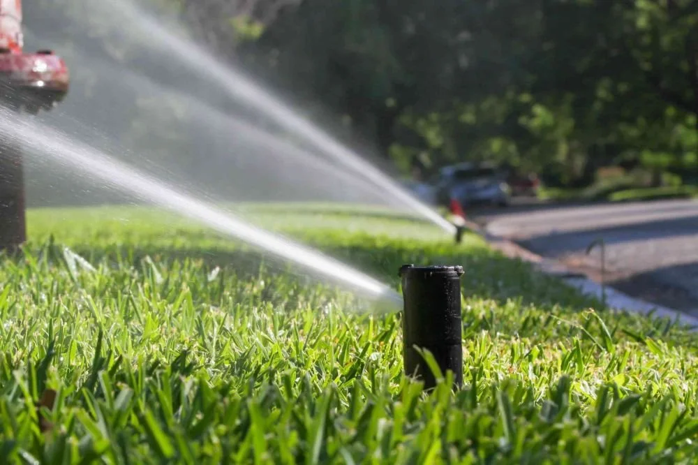 Arroseurs automatiques activant un arrosage sur une pelouse verte dans un quartier résidentiel.
