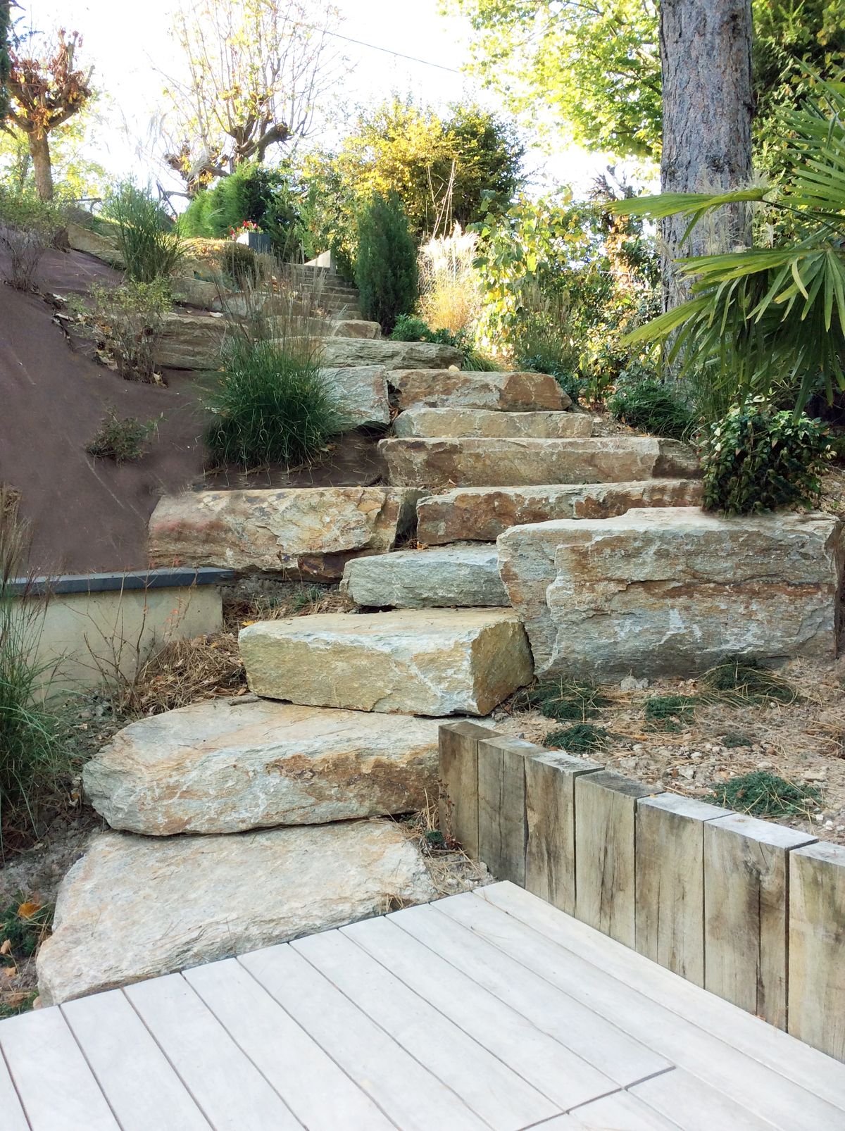 Escalier en pierre naturel dans un jardin avec plantes et arbres