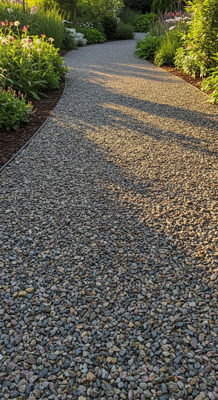 Chemin de gravier entouré de plantes et de fleurs dans un jardin