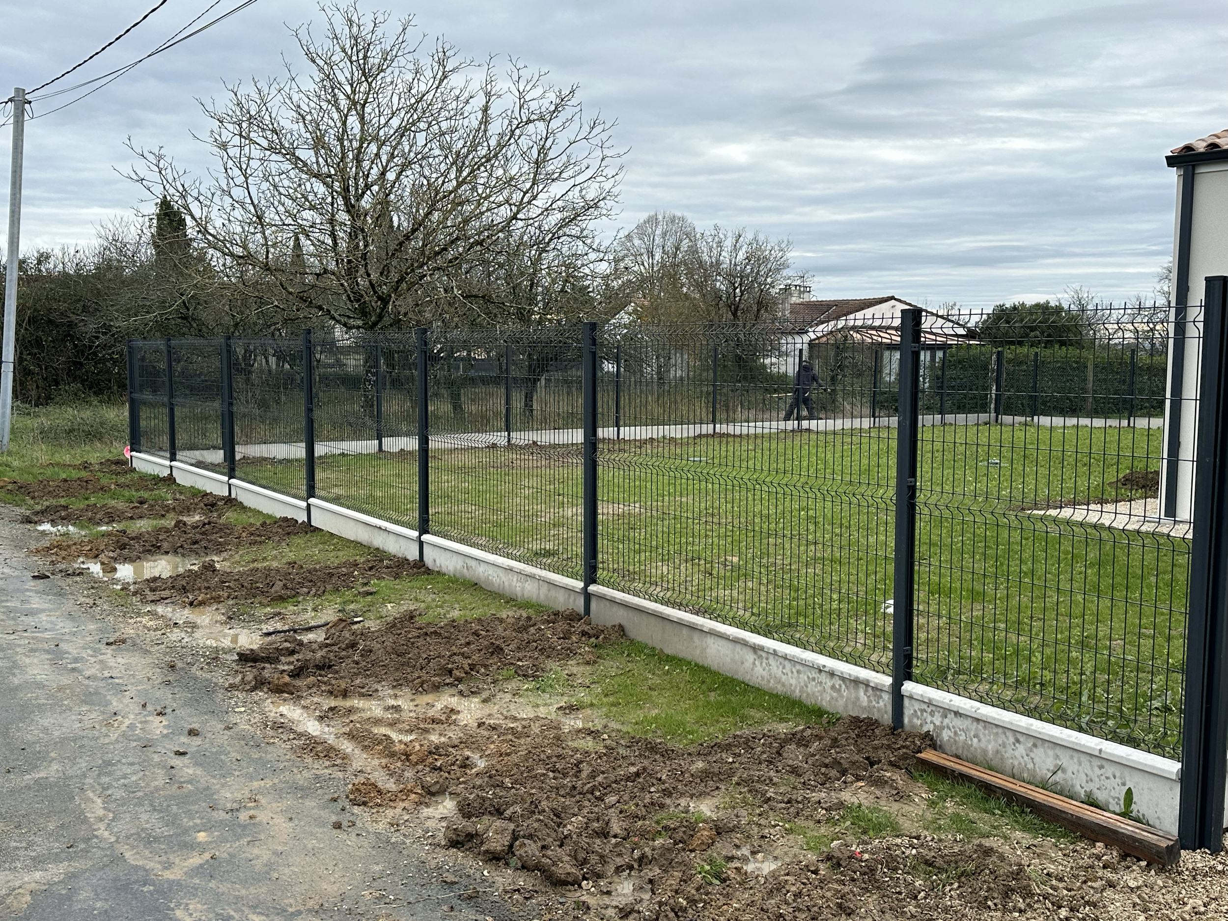 Un nouveau clôture en métal noir est en cours d'installation le long d'un trottoir avec un terrain en herbe derrière. Il y a des poteaux électriques et un arbre sans feuilles, avec un ciel nuageux.