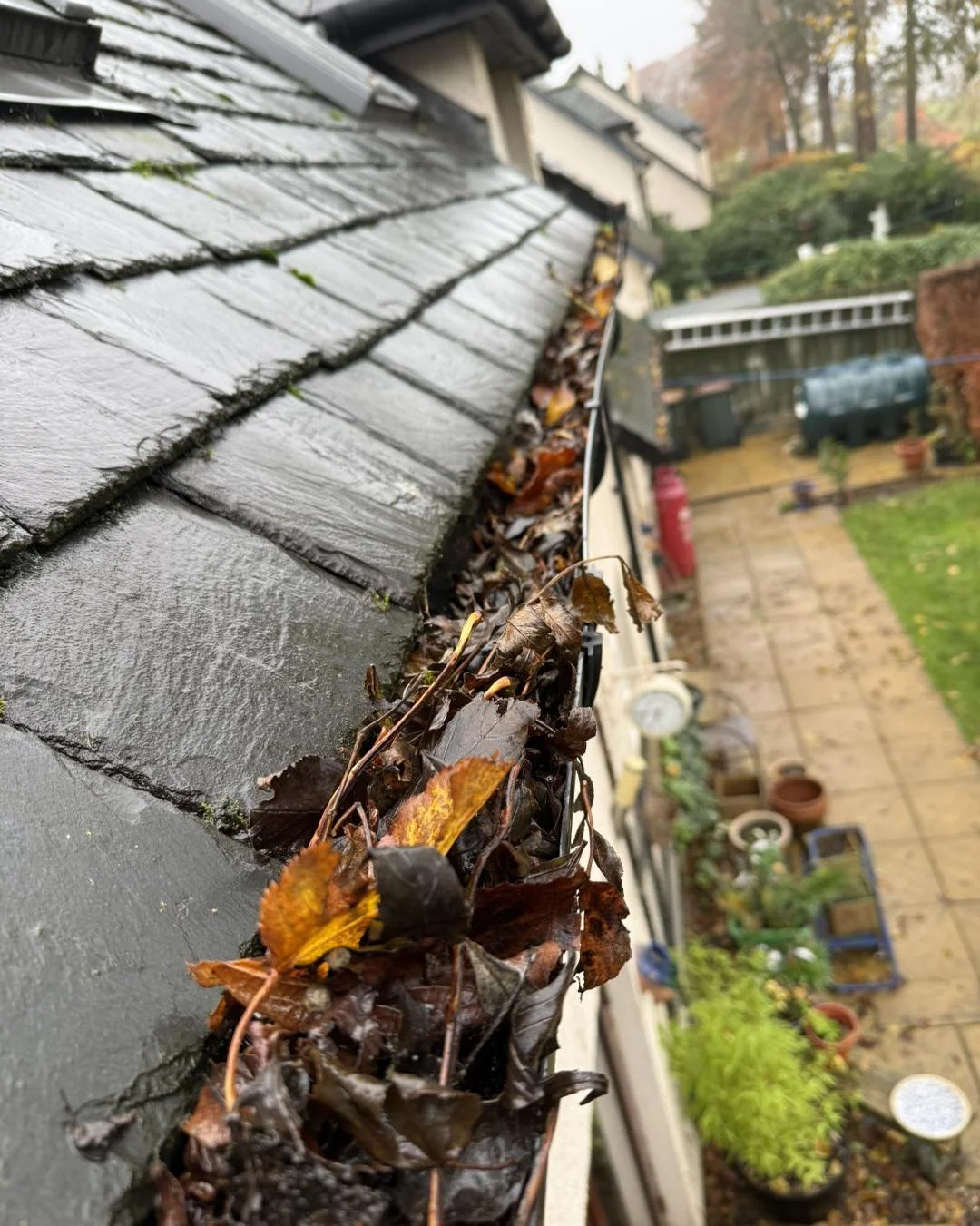 Close-up of a rain gutter filled with fallen leaves along a sloped roof, with a backyard patio area in the background.
