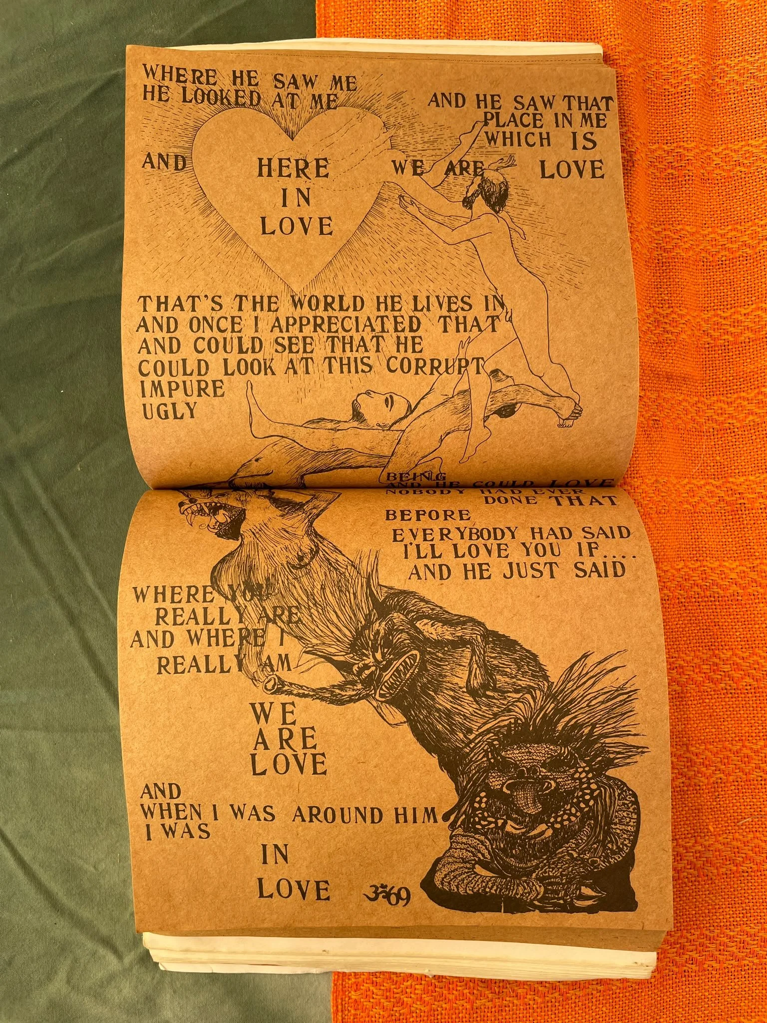 A drawing of a wolf holding a woman in its mouth with a large heart and Bible verse text about love and perception.